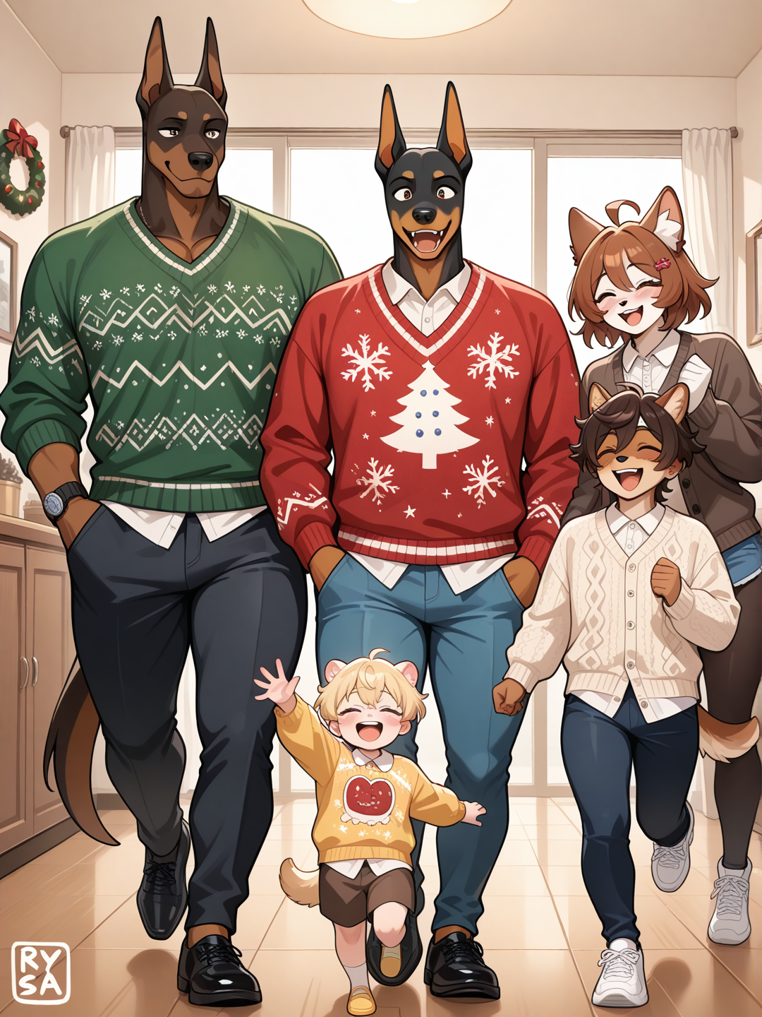 furry art,  anthropomorphic doberman, with her husband, and her children 