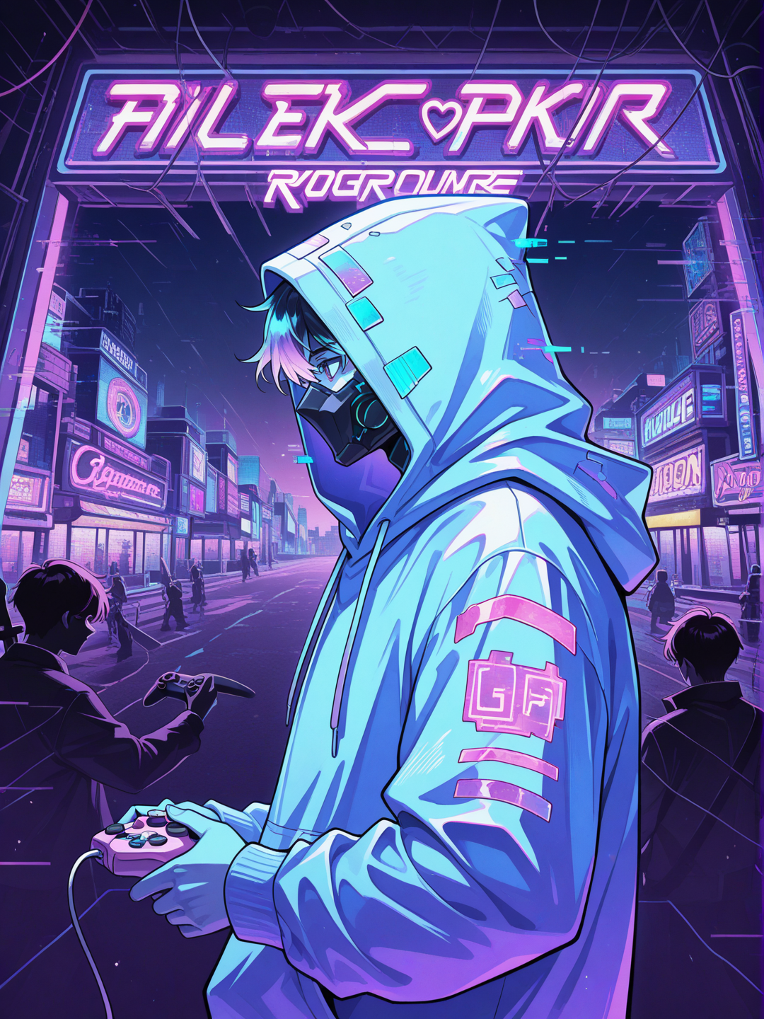 Imagine JoystickPhantom (male) as a rogue cyber-warrior who embodies both the nostalgia of 90s arcade gaming and the high-tech chaos of a dystopian future. Their appearance is a blend of retro and futuristic styles—wearing a worn oversized hoodie with pixelated patches and glowing neon wires crisscrossing their body. Their face covered by mask, In one hand, they wield an old-school joystick weapon that can transform into various tools and weapons—think a hybrid of a sword and a game controller. Their silhouette appears ghostly, flickering in and out of existence, as if they are a glitch in the system. The background is a cityscape filled with glitching holograms and flickering lights, with elements of old-school arcades fused with cyberpunk technology., closeup, upper body, side profile photo, multiple views