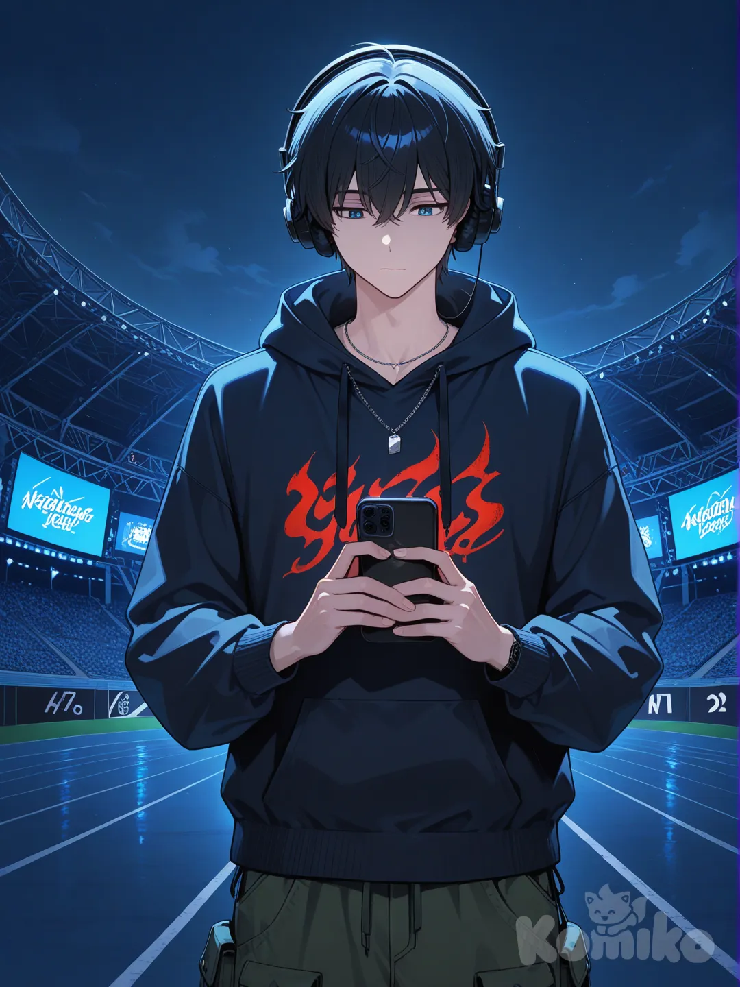 looking at phone, hoodie, cargo pants, necklace, headphones, front profile photo, cinematic lighting, twilight, stadium
