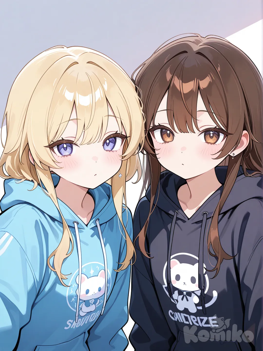 brown hair with blonde hair girl, blue hoodie,black hoodie, 2girls