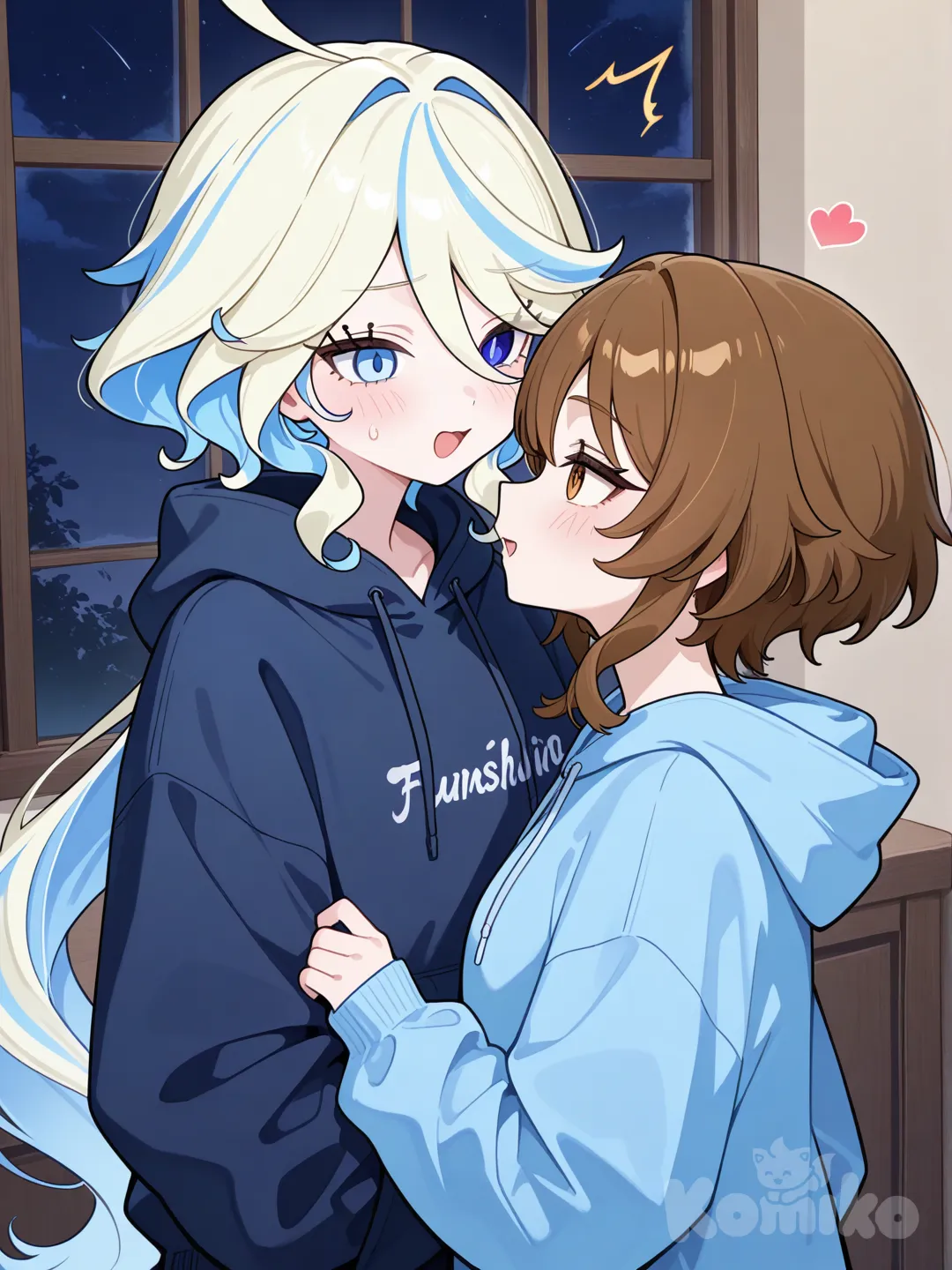 brown hair with blonde hair girl, blue hoodie,black hoodie, 2girls, @Furina_(Genshin_Impact)