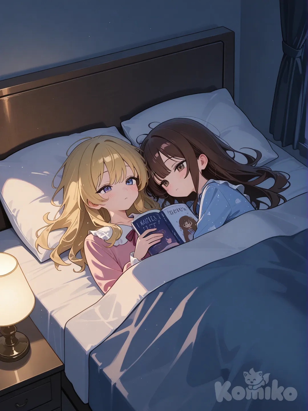 2girls,reading in bed,blonde hair,brown hair