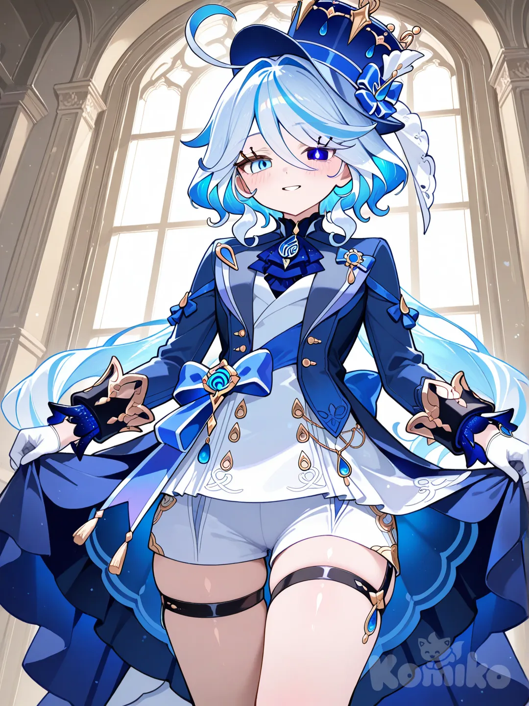 @Furina_(Genshin_Impact),queen dress,blue navy eyes,angle