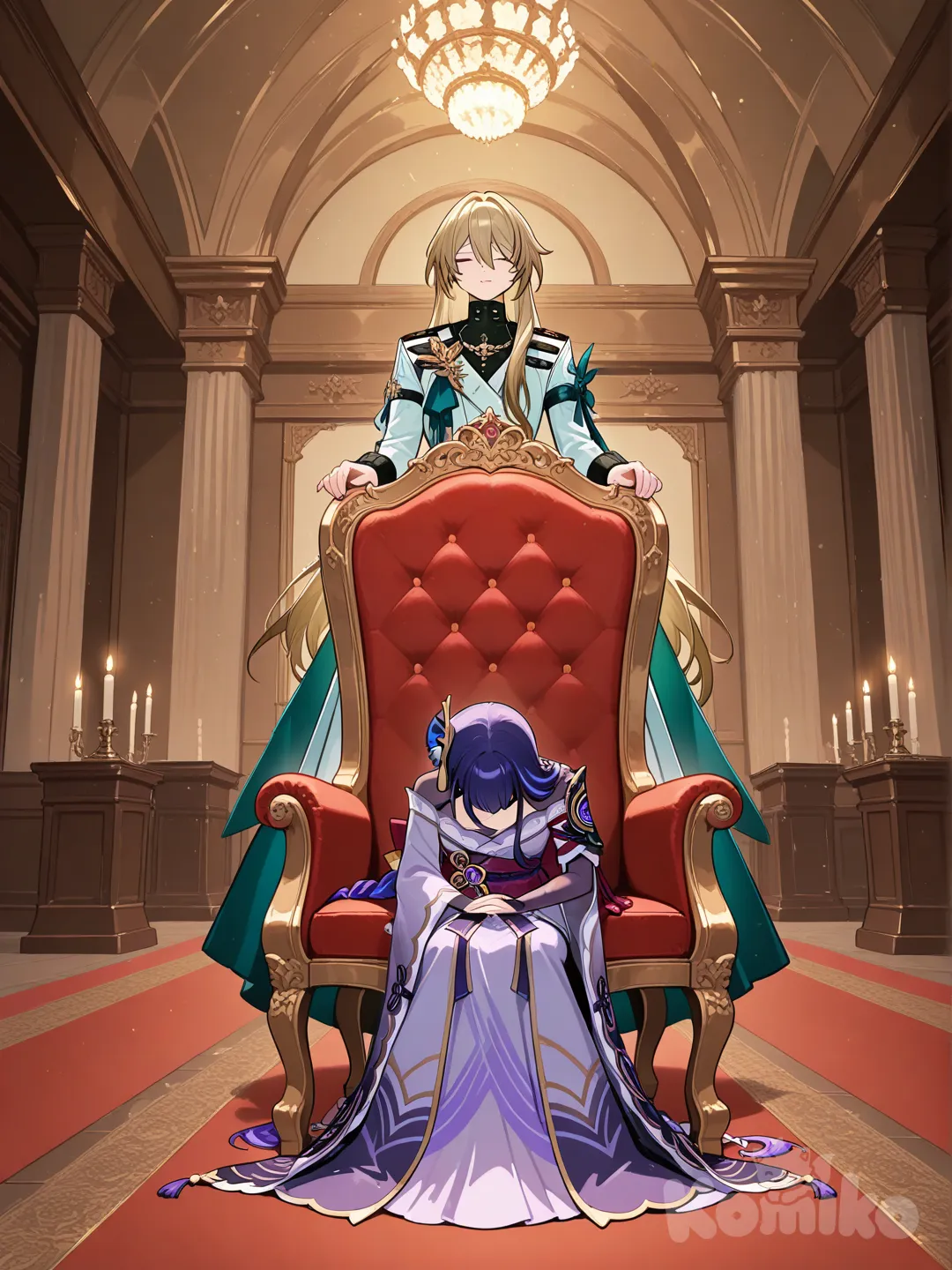2girls, @Luocha_(Honkai:Star_Rail), @Raiden_Shogun,queen,brown hair brown hair,royal chair,thrown,crown,navy blue dress,blue dress,guards bowing down