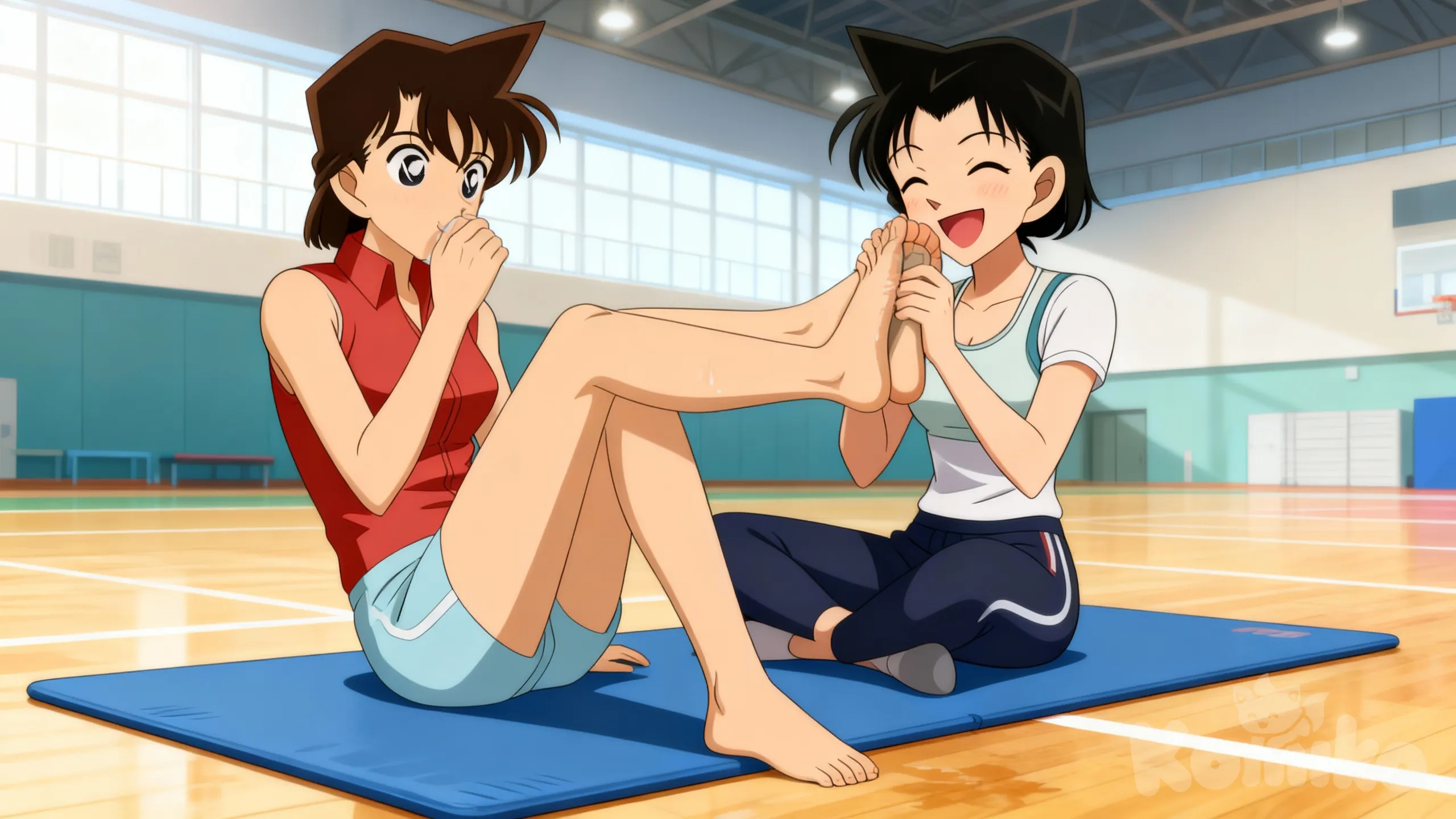 Ran Mouri riecht an den Füßen von Kazuha Toyama und hält ihr die Füße ins Gesicht und lächelt dabei. Ran Mouri lächelt auch. Beide sitzen auf einer Sportmatte in der Sporthalle , Unbenannt(1)