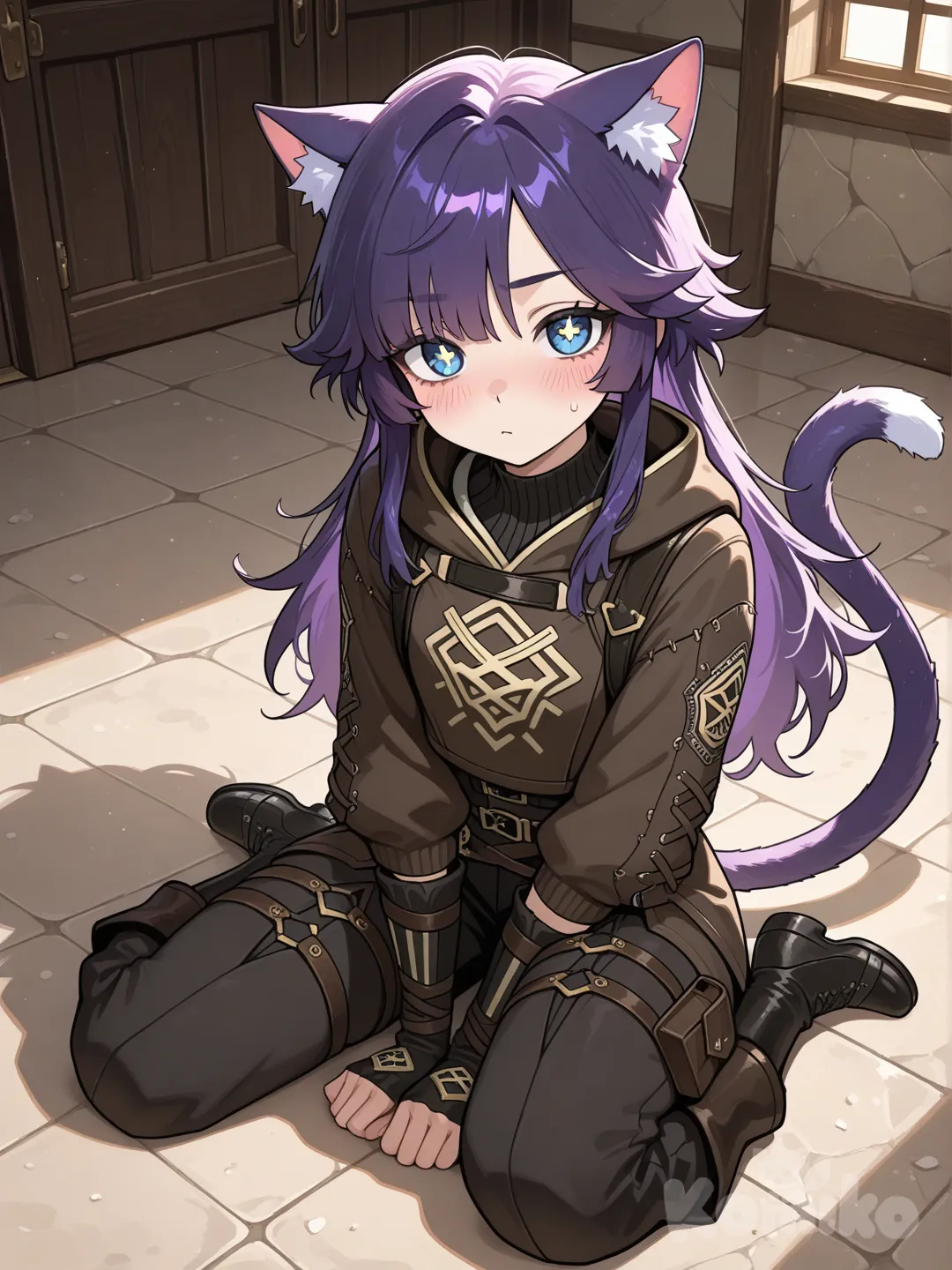 kiwi,16,has blue-purplish hair,blue eyes with star shaped pupils,half cat half human hybrid,female,background:taken in by Sevika and Silco when she was a baby,from Arcane,sisters are JInx and Isha,adoptive father is silco but used to be Vander,brothers are Claggor and Mylo,sister is Vi,has a crush on Sevika, full body