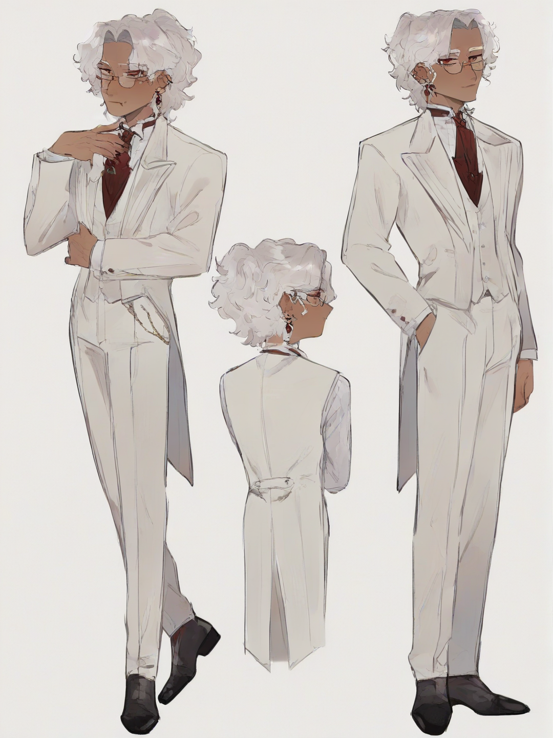[soft-shaded-moe-style] 1boy, vampire, mature male, tall, tanned skin, white hair, long hair, wavy hair, ponytail, red eyes, glasses, earrings, tuxedo, ruffles, tie, vintage comic style, anime coloring, single character, full body, looking at viewer, anime style, simple background, white background