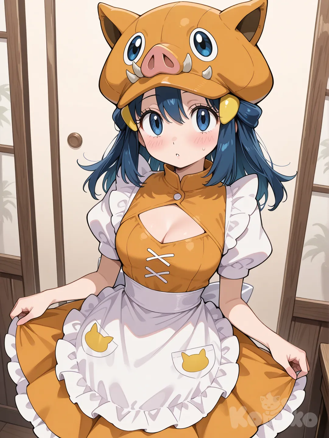dawn (pokemon), wearing boar hat uniform from nanatzu no taisai.
