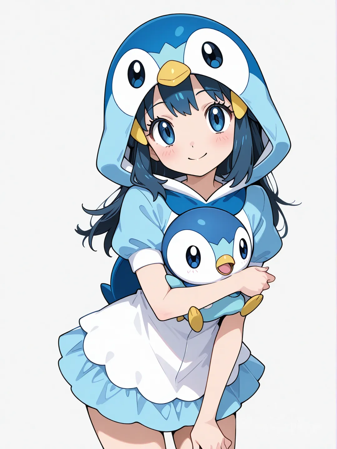 dawn (pokemon), Dawn from Pokémon, wearing a cute Piplup-themed costume, high-quality anime style, faithful to Pokémon Diamond and Pearl art style. The costume is inspired by Piplup: blue and white colors, penguin hood with big round eyes, small yellow beak, soft plush texture, short skirt and sleeves, playful and cheerful pose, bright smile. Clean lineart, vibrant colors, soft lighting, shading, studio anime illustration, quality, official Pokémon anime aesthetic, wholesome, cute, [glossy-anime-style]