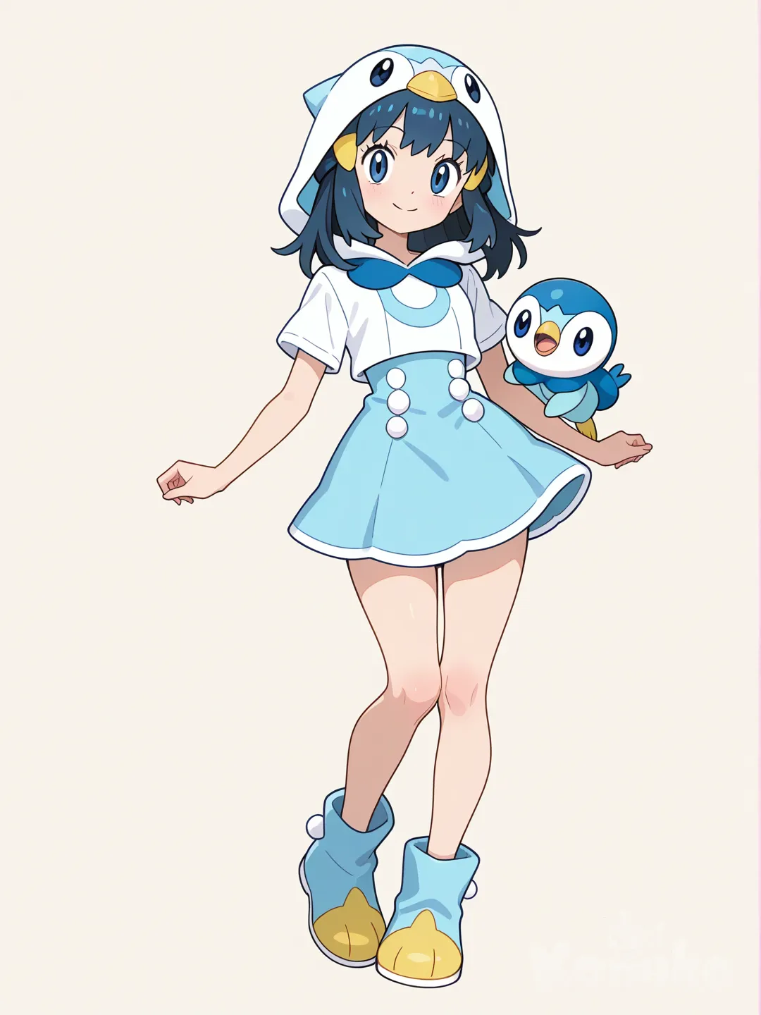  Dawn from Pokémon, wearing a cute Piplup-themed costume