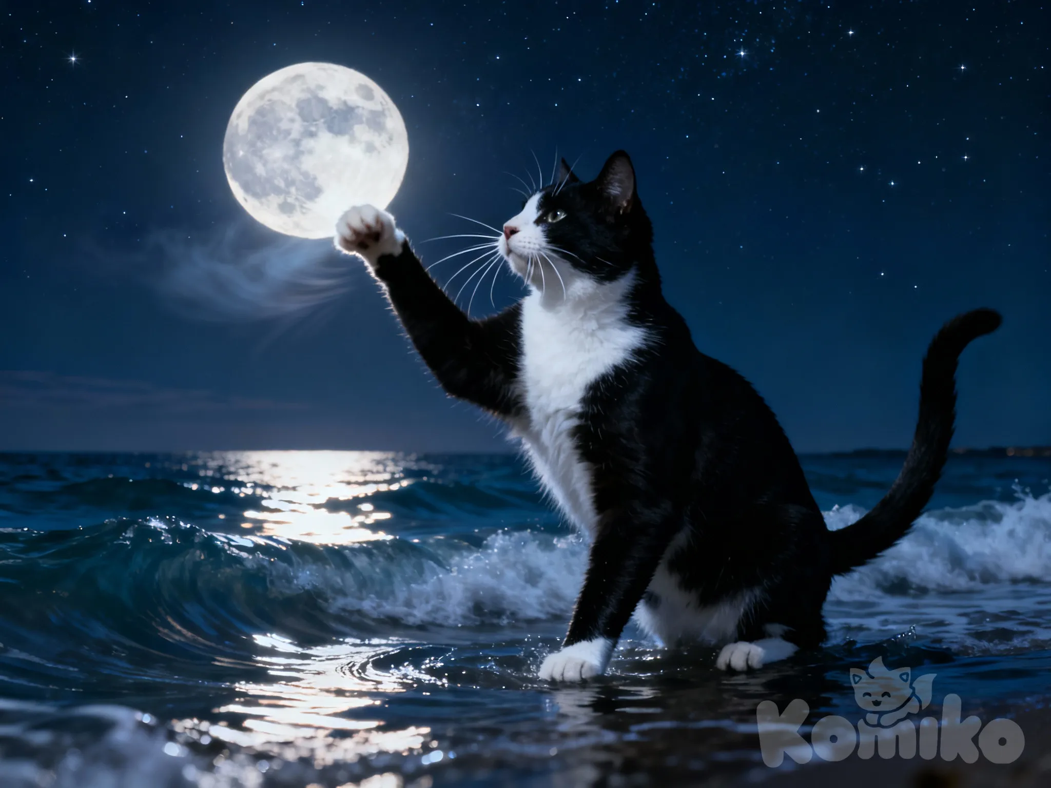 A humungous towering tuxedo cat playing with the glowing moon on the ocean under a dark night-sky, photo (medium), [realistic-style]
