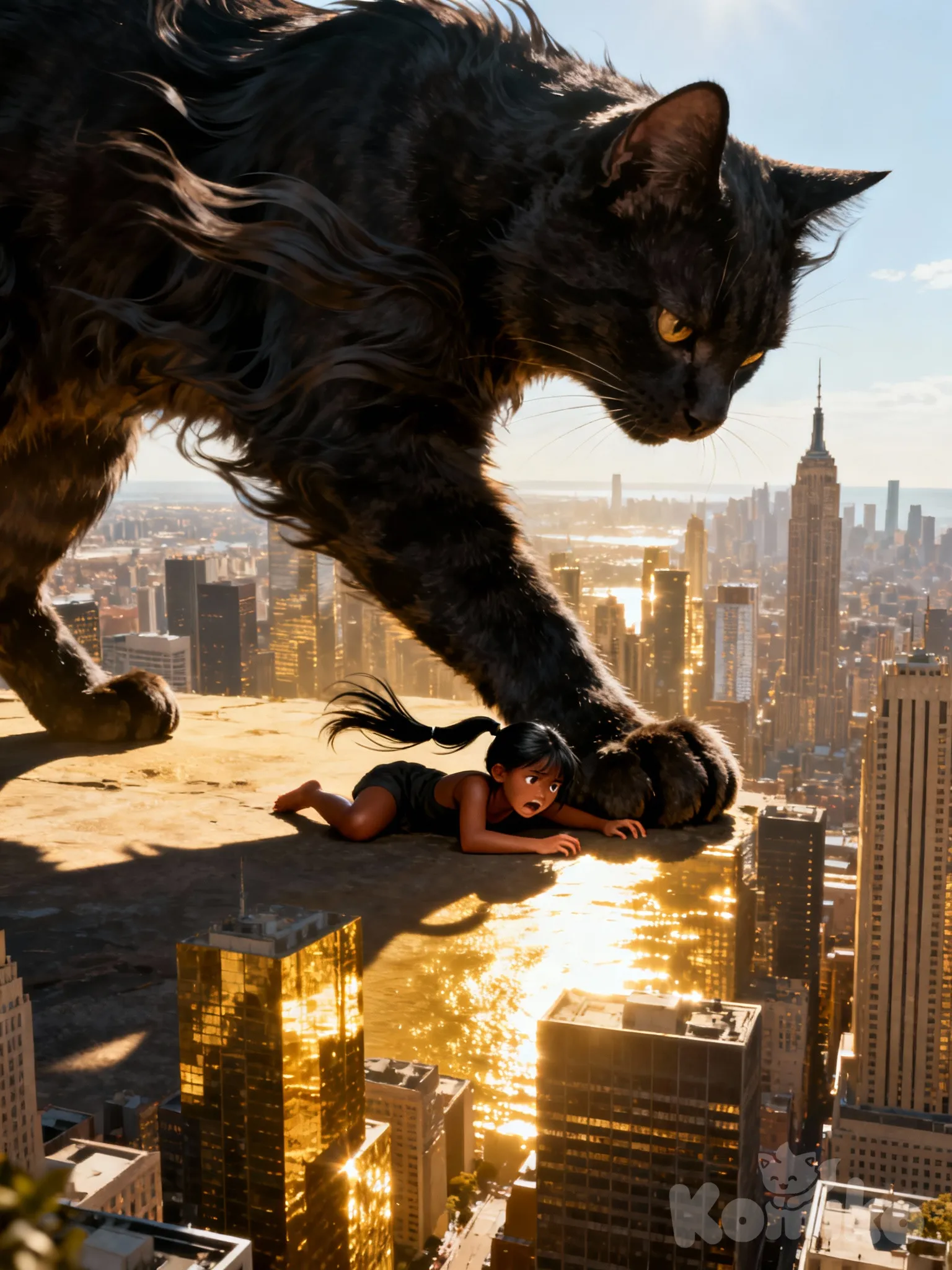 A petite girl with black twin tails and dark brown skin is stuck helplessly under the massive paws of an enormous, shadowy cat that towers menacingly over a sprawling city skyline at high noon, its fur rippling in the wind as the girl trembles below.