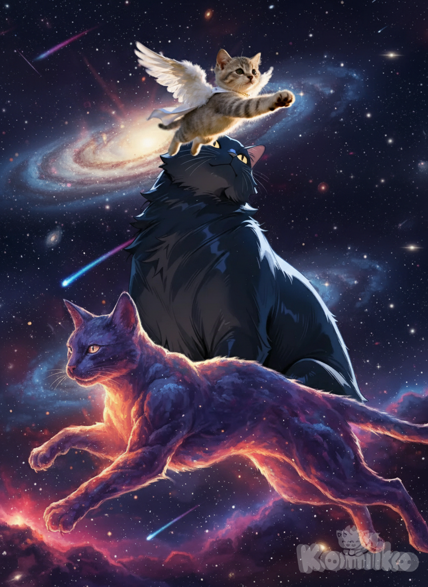 A tiny, adorable @supermeow-sNoq perched playfully on the fluffy head of the larger @megameow-Lx02, who balances confidently atop the enormous, majestic head of the colossal @cosmeownaughty-l9Nm