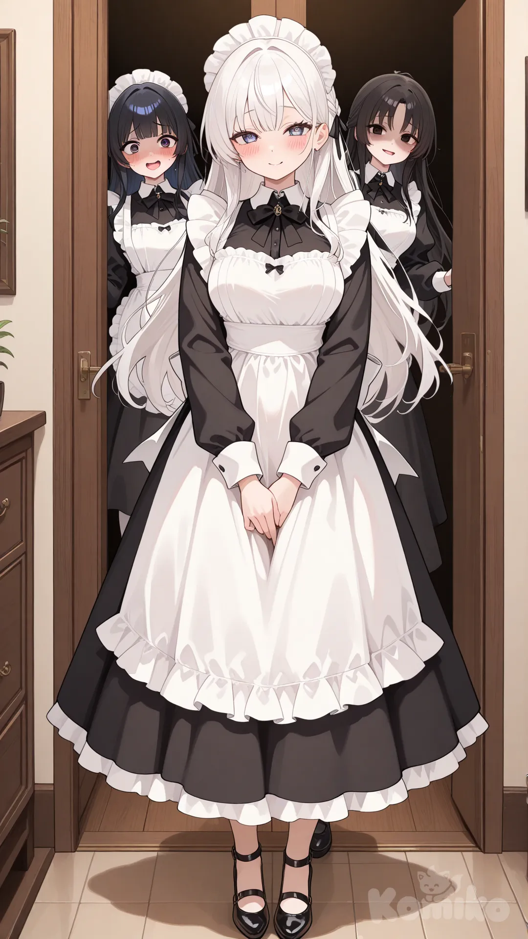 2girls, full body, fantasy, yandere, long hair, white hair, black hair, maid oufit