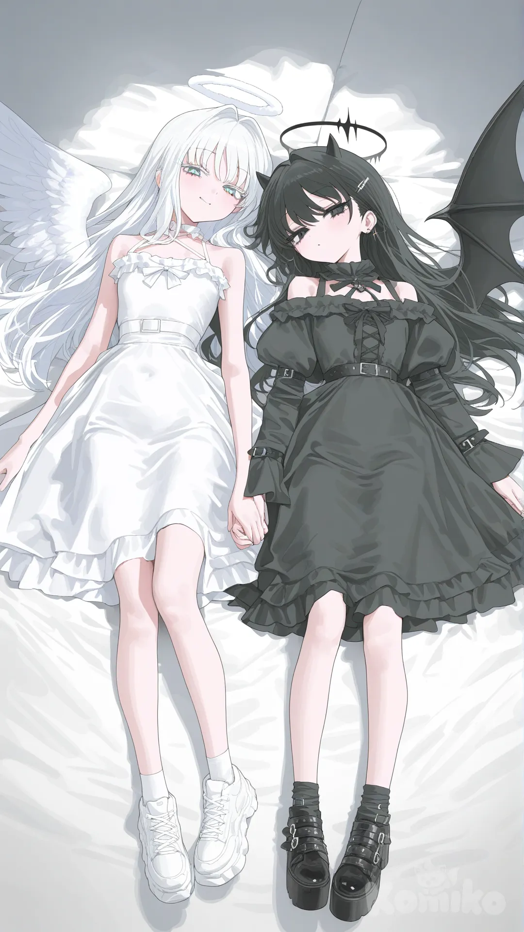 2 girl, smile, little sad, angel girl, demon girl, gothic lolita black, angel dress, demon wings, angel wings,standing next to each other, [vibrant-anime-style], lying down holding hands, full body, white hair, black hair
