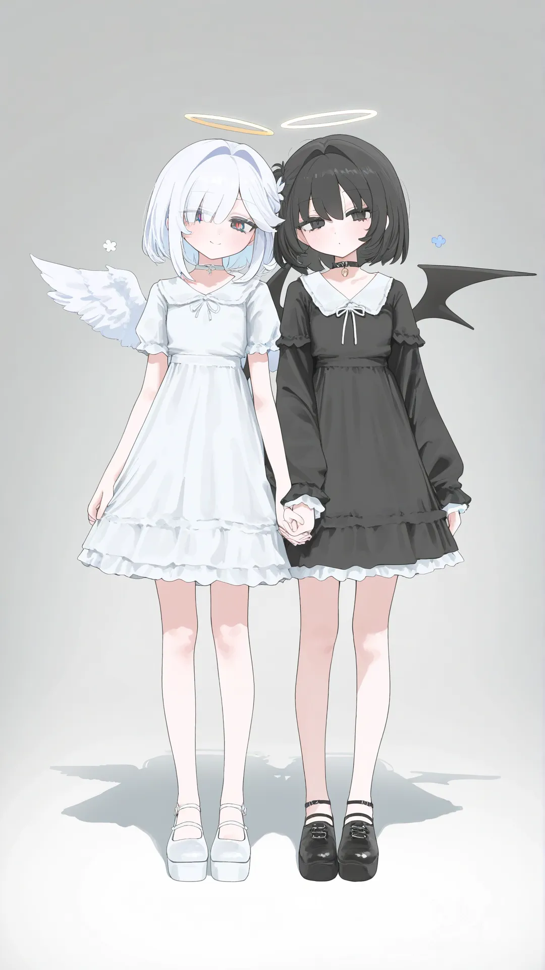 2 girl, smile, little sad, angel girl, demon girl, gothic lolita black, angel dress, demon wings, angel wings,standing next to each other, [vibrant-anime-style], holding hands, full body, white hair, black hair, standing