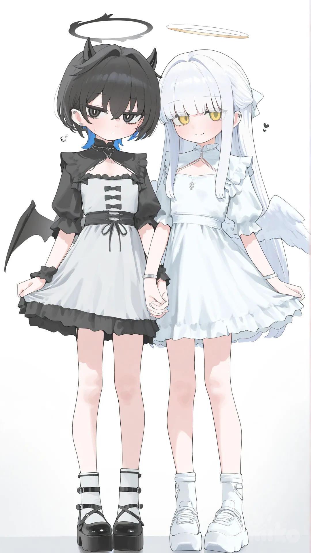 2 girl, smile, little sad, angel girl, demon girl, gothic lolita black, angel dress, demon wings, angel wings,standing next to each other, [vibrant-anime-style], holding hands, full body, white hair, black hair, standing, tean