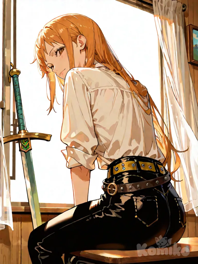 Nami from One Piece, confidently wearing Zoro’s iconic outfit—an oversized, open white shirt or coat fluttering in the sea breeze, loose black pants, and Zoro’s sword belt at her waist—sits proudly and majestically on table. She poses with her back straight, one leg crossed or spread, her chin slightly lifted, exuding bold, self-assured energy. The open shirt dramatically exposes one or both of her bare breasts and nipples to the sun and air. Nami’s long orange hair is tousled by the wind, her eyes shining with pride and playful defiance. Nearby, Zoro and Luffy sit on table, staring at her in utter shock and amazement, their eyes wide and jaws dropped. The scene is set on classroom, sunlight glinting on glossy skin. Highly semi-realistic anime style, dynamic pose, artistic nudity, NSFW, uncensored, vivid colors, by WLOP, Greg Rutkowski, full scene, sharp focus, dramatic wind, powerful and humorous mood, classroom, pussy, pussy juice, breasts, nipples