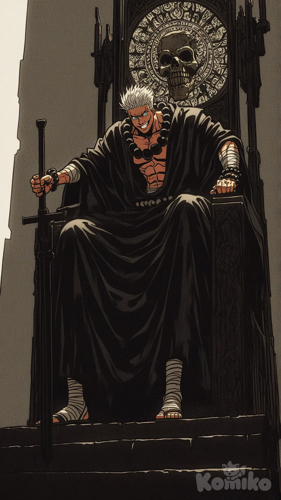 A powerful anime male character with a muscular, well-defined body, broad shoulders, strong arms and chest, sitting confidently on an ornate dark throne. The character has sharp eyes, calm but dominant expression, warrior monk aura. He wears a traditional anime outfit with layered robes, prayer beads around his neck and wrist, bandaged legs, sandals, and a flowing cloak.
IMPORTANT: Do NOT change the character’s original colors. Keep the character’s outfit, skin tone, accessories, and overall color palette exactly as they are. Character must remain in full, natural color.
The background automatically adapts to the character’s personality — a dramatic manga collage background made of black-and-white manga panels, intense expressions, action scenes, emotional close-ups, Japanese manga textures. Skull engravings and gothic carvings on the throne, symbolizing power and dominance.
High-contrast manga ink style background, line art, cinematic framing. Character in full color while background remains strictly monochrome black-and-white manga panels for strong visual focus. Ultra-muscular anatomy, anime realism, sharp outlines, dramatic lighting, deep shadows, epic composition, quality, vertical poster style.keep character colors unchanged, no recolor character, original color preserved,
monochrome background only, color character foreground, @Gojou_Satoru, [action-manga-style], holding sword, angry, evil smile