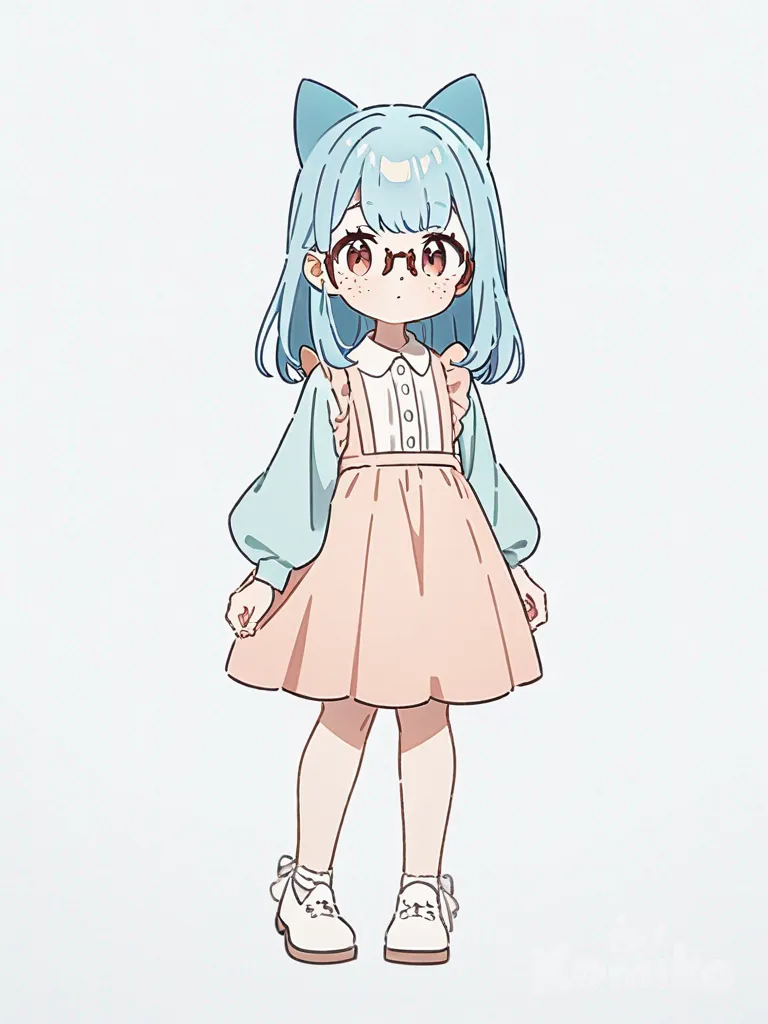 1girl, cute girl, blue hair, brown eyes, pretty dress, cat ears, pastel colors, teenager, straight hair, freckles, fair skin, glasses, single character, full body, looking at viewer, anime style, simple background, white background