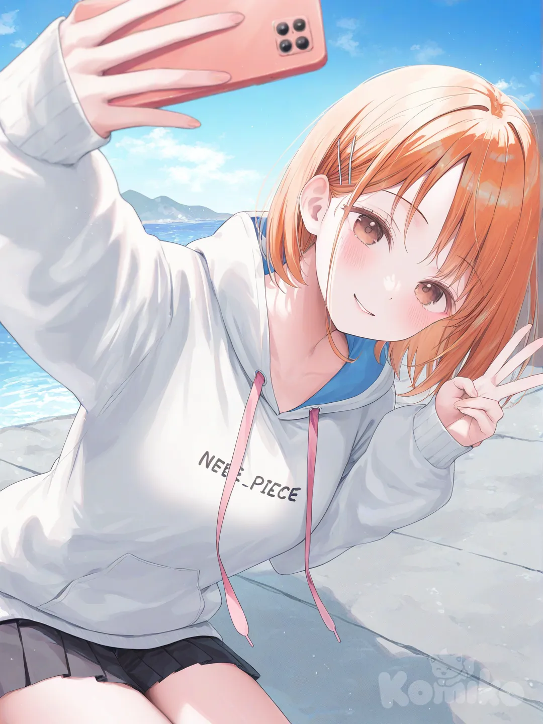 1girl, [soft-pastel-style], selfie, hoodie, pleated skirt, blue sky, hairpin, Nami (One Piece)
