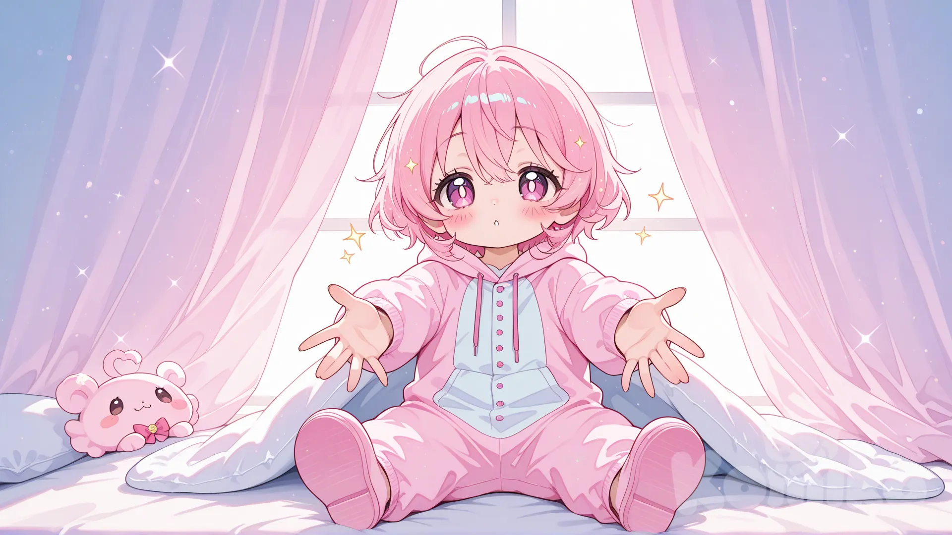 Anime-style baby girl, chubby and tiny, sitting on a soft pastel blanket. Big round innocent eyes with a gentle sparkle, rosy cheeks, soft short hair with a small curl on top, wearing a cute onesie with pastel colors. Her expression is sweet and curious, small hands reaching forward. Warm soft lighting, dreamy atmosphere, ultra-adorable, highly gentle colors, kawaii aesthetic.