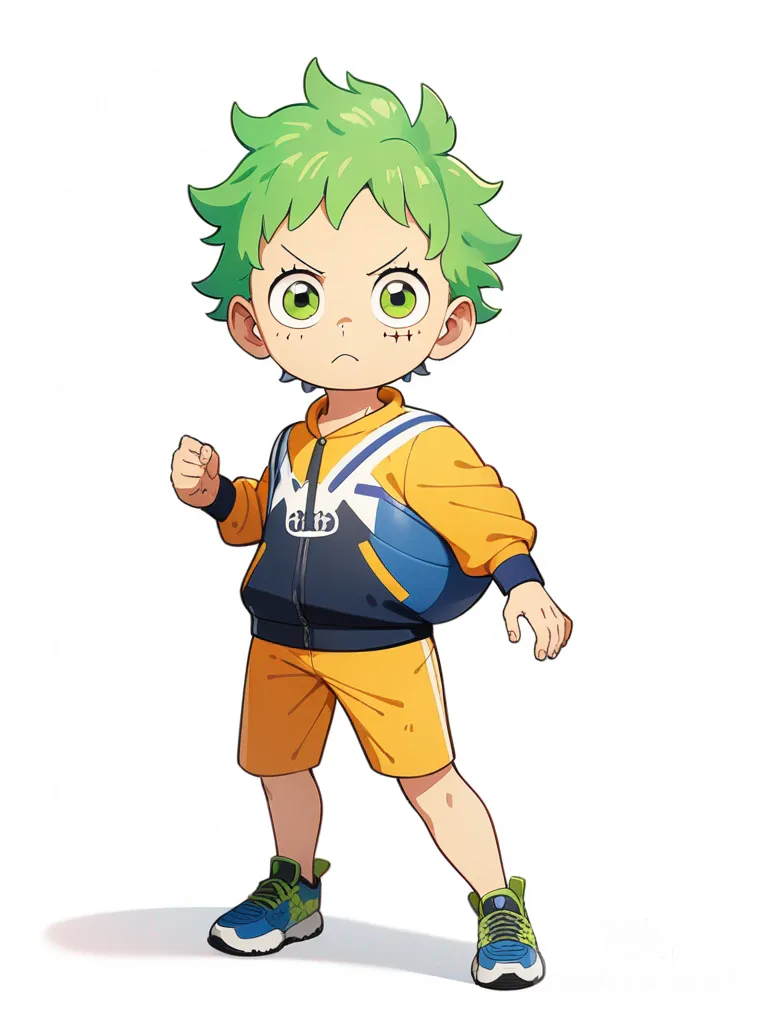 1boy, One Piece style, original character, child, athletic, green hair, green eyes, scar, single character, full body, looking at viewer, anime style, simple background, white background