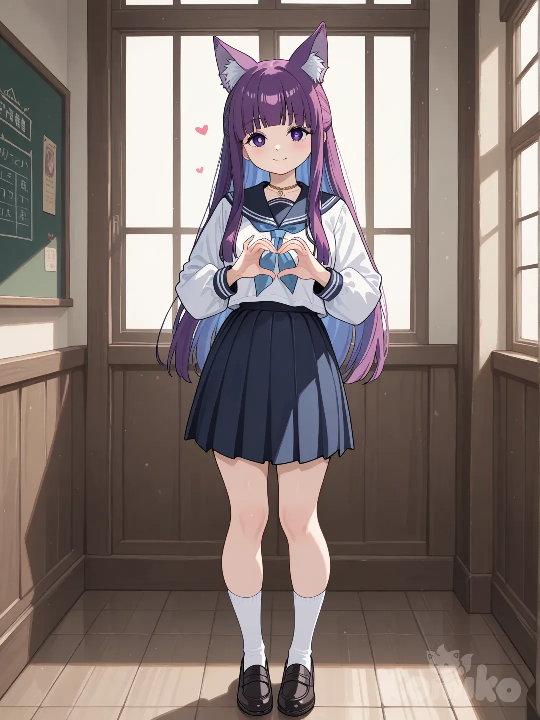 @Fern_(Sousou_No_Frieren), heart hands, school uniform, necklace, fox ears, full body