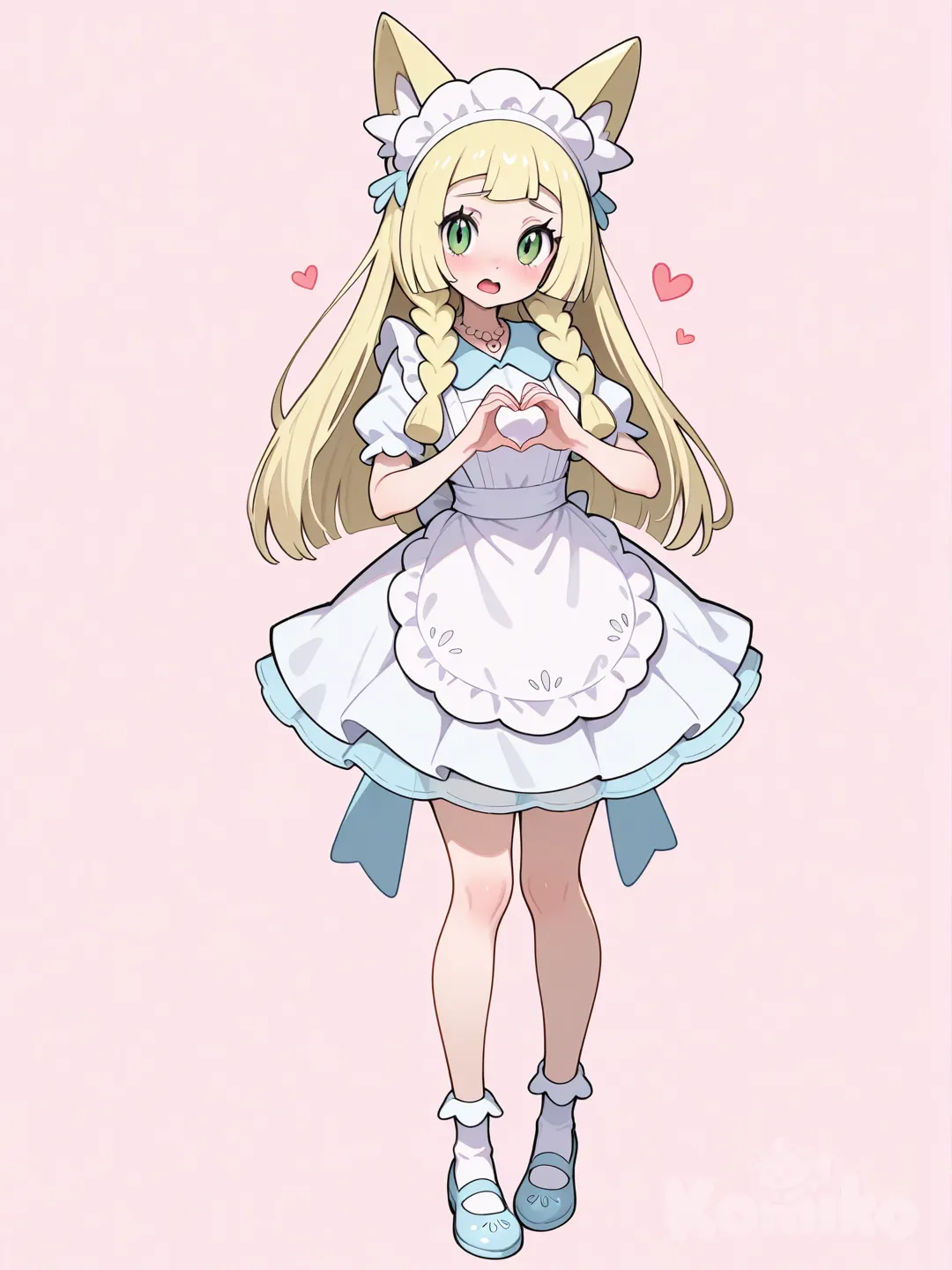 @Lillie_(Pokemon), heart hands, open mouth, apron, fox ears, necklace, full body