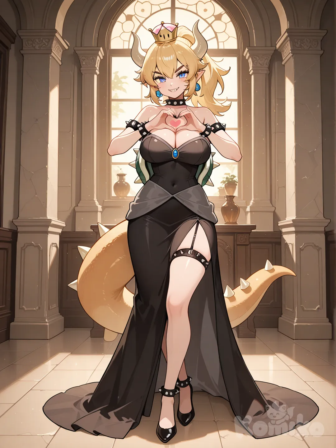 @Bowsette, heart hands, smile, evening dress, necklace, fox ears, full body