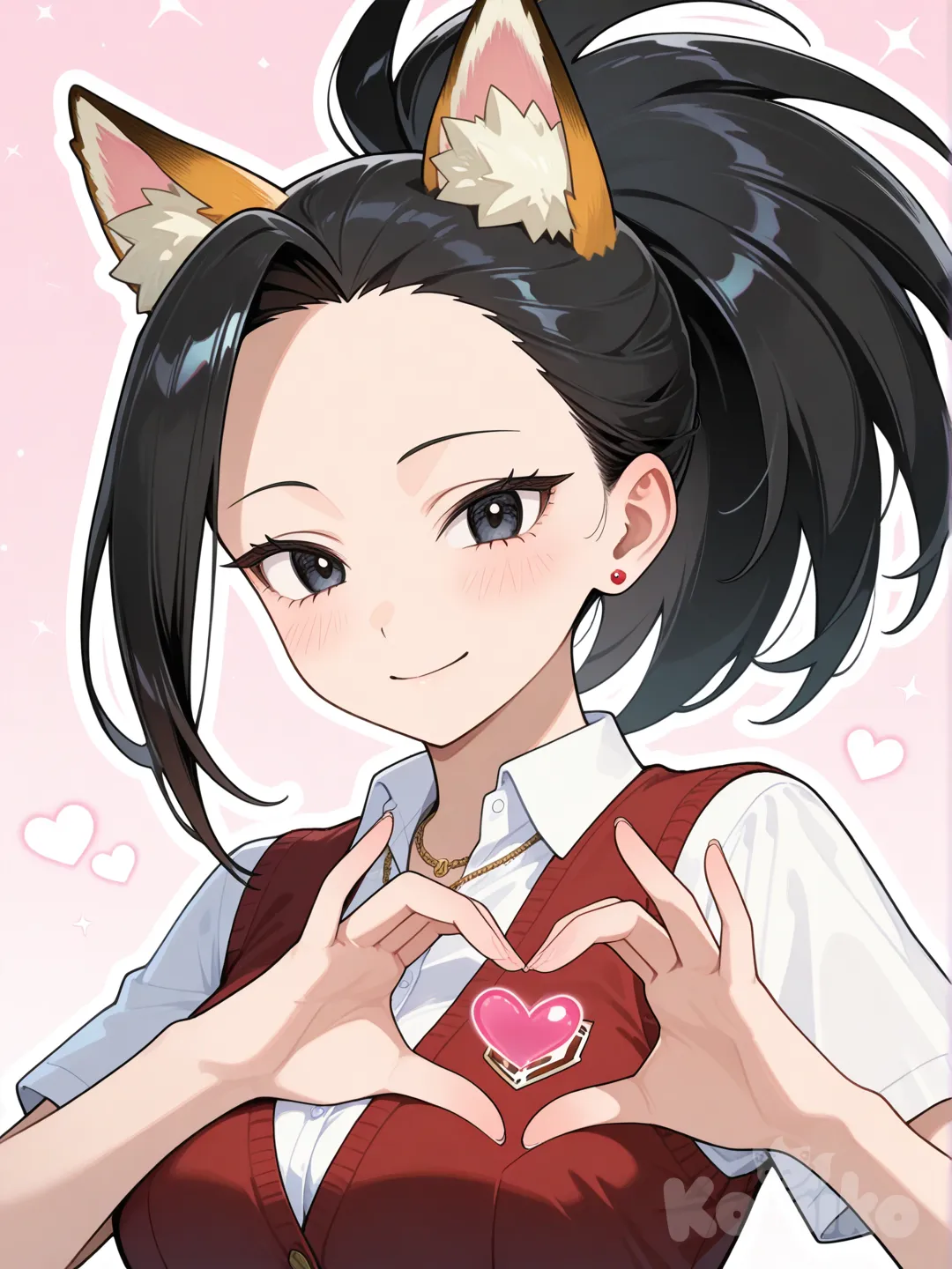 @Yaoyorozu_Momo, heart hands, smile, studs, school uniform, fox ears, necklace, upper body