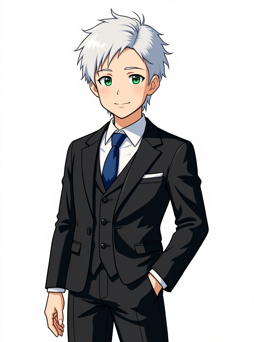 1boy, tall, athletic build, piercing emerald eyes, wavy silver hair, sharp jawline, enigmatic smile, fitted leather jacket, confident stride, warm inviting gaze, subtle tattoos, flawless porcelain skin, anime coloring, single character, full body, looking at viewer, anime style, simple background, white background