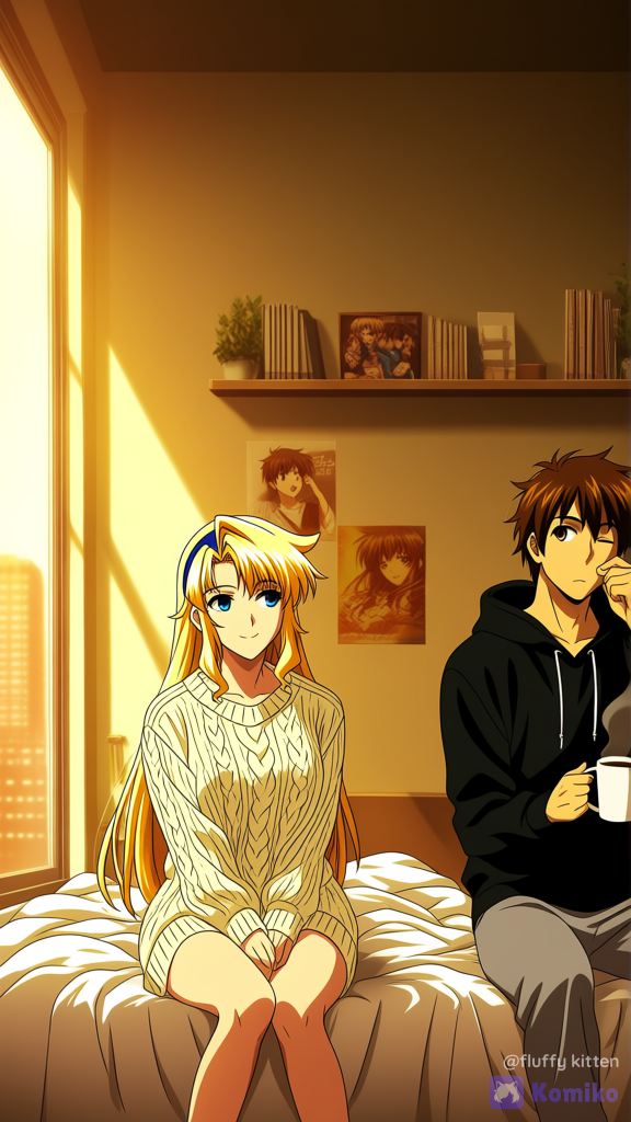 [bright-anime-style]Satellizer el Bridget and Kazuya Aoi from Freezing, living together as a loving couple in a cozy modern apartment. Early morning golden sunlight entering through a large bedroom window, warm cinematic lighting, soft shadows. Satellizer sits on the bed wearing an oversized cream cable-knit sweater with bare legs, holding a mug of coffee and smiling lovingly at Kazuya. Kazuya sits beside her wearing a black hoodie and gray sweatpants, yawning while rubbing one eye after waking up. Comfortable king-size bed with white blankets, indoor plants, bookshelves, anime posters featuring Freezing, city skyline outside the window. Romantic slice-of-life atmosphere, peaceful married life, ultra anime illustration, Makoto Shinkai lighting, expressive faces, vibrant colors, depth of field, . Satellizer el Bridget: long crimson yellow hair reaching her thighs, icy blue eyes, elegant face, fair skin. Kazuya Aoi: young Japanese man with messy brown hair, brown eyes, slim athletic build.