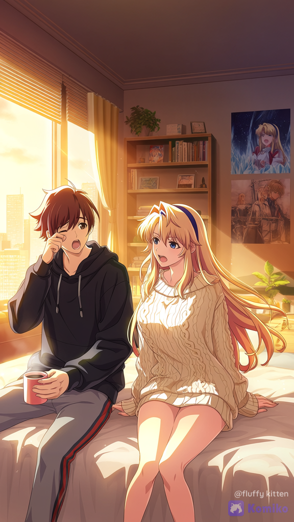 Satellizer el Bridget and Kazuya Aoi from Freezing, living together as a loving couple in a cozy modern apartment. Early morning golden sunlight entering through a large bedroom window, warm cinematic lighting, soft shadows. Satellizer sits on the bed wearing an oversized cream cable-knit sweater with bare legs, holding a mug of coffee and smiling lovingly at Kazuya. Kazuya sits beside her wearing a black hoodie and gray sweatpants, yawning while rubbing one eye after waking up. Comfortable king-size bed with white blankets, indoor plants, bookshelves, anime posters featuring Freezing, city skyline outside the window. Romantic slice-of-life atmosphere, peaceful married life, ultra anime illustration, Makoto Shinkai lighting, expressive faces, vibrant colors, depth of field, . Satellizer el Bridget: long crimson yellow hair reaching her thighs, icy blue eyes, elegant face, fair skin. Kazuya Aoi: young Japanese man with messy brown hair, brown eyes, slim athletic build.
