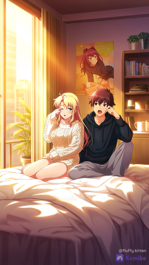 Satellizer el Bridget and Kazuya Aoi from Freezing, living together as a loving couple in a cozy modern apartment. Early morning golden sunlight entering through a large bedroom window, warm cinematic lighting, soft shadows. Satellizer sits on the bed wearing an oversized cream cable-knit sweater with bare legs, holding a mug of coffee and smiling lovingly at Kazuya. Kazuya sits beside her wearing a black hoodie and gray sweatpants, yawning while rubbing one eye after waking up. Comfortable king-size bed with white blankets, indoor plants, bookshelves, anime posters featuring Freezing, city skyline outside the window. Romantic slice-of-life atmosphere, peaceful married life, ultra anime illustration, Makoto Shinkai lighting, expressive faces, vibrant colors, depth of field, . Satellizer el Bridget: long crimson yellow hair reaching her thighs, icy blue eyes, elegant face, fair skin. Kazuya Aoi: young Japanese man with messy brown hair, brown eyes, slim athletic build.