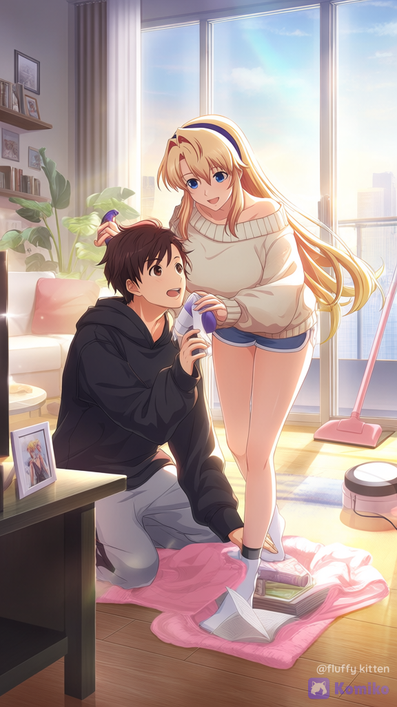 Satellizer el Bridget and Kazuya Aoi from Freezing spending the weekend cleaning their apartment together. Bright afternoon sunlight fills the modern living room through huge windows. Kazuya happily vacuuming the floor while wearing a black hoodie, gray sweatpants and socks. Satellizer dusting the bookshelf with a pink cloth while holding a spray bottle, wearing an oversized off-shoulder cream sweater and casual shorts. Cozy apartment filled with plants, books, framed photos of the couple, wooden floor, city skyline outside. Cute romantic domestic life, playful expressions, warm atmosphere, cinematic anime artwork, highly vibrant lighting, realistic interior, . Satellizer el Bridget: long crimson yellow hair reaching her thighs, icy blue eyes, elegant face, fair skin. Kazuya Aoi: young Japanese man with messy brown hair, brown eyes, slim athletic build.