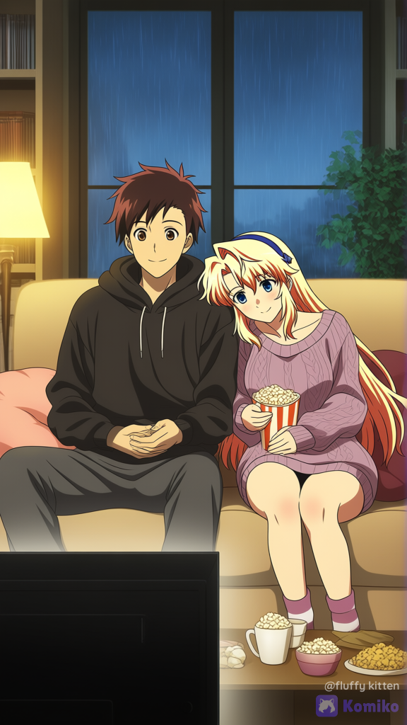 Satellizer el Bridget and Kazuya Aoi relaxing together on a sofa while watching movies on a rainy night. Cozy apartment illuminated by warm lamps and TV light. Satellizer leaning her head on Kazuya's shoulder while holding popcorn, wearing an oversized sweater and cozy socks. Kazuya wearing a black hoodie and sweatpants, smiling while holding a blanket over both of them. Rain outside the large windows, bookshelves, plants, coffee table with snacks and hot chocolate. Romantic slice-of-life anime illustration, peaceful married life, cinematic lighting, ultra emotional atmosphere, beautiful colors, . Satellizer el Bridget: long crimson yellow hair reaching her thighs, icy blue eyes, elegant face, fair skin. Kazuya Aoi: young Japanese man with messy brown hair, brown eyes, slim athletic build., [bright-anime-style]