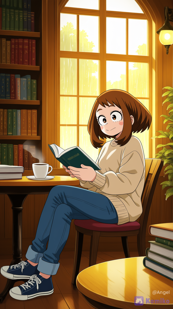 Ochako Uraraka do anime "My Hero Academia (Boku no Hero Academia)", young adult, lendo um livro em uma biblioteca charmosa durante uma tarde chuvosa. Ela está sentada perto de uma enorme janela enquanto a chuva escorre pelo vidro. Uma xícara de café repousa sobre a mesa ao lado de alguns livros. Estantes de madeira, iluminação amarela aconchegante, plantas e decoração elegante criam um ambiente extremamente confortável. Ela veste um suéter oversized bege, calça jeans e tênis casuais. Clima calmo, acolhedor e inspirador. Anime ultra detalhado, iluminação cinematográfica, safe for work., [bright-anime-style]
