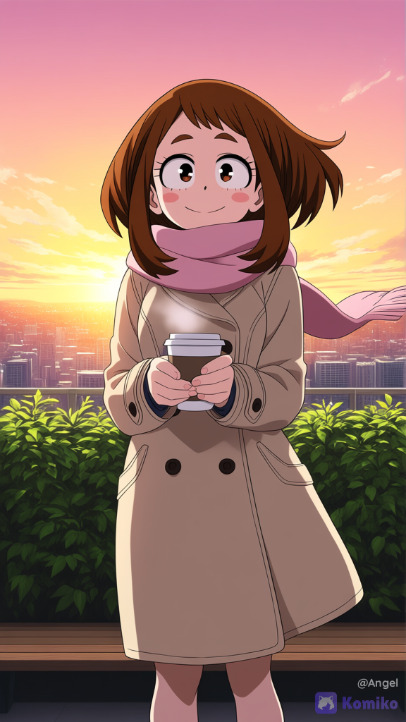 [bright-anime-style]Ochako Uraraka do anime "My Hero Academia (Boku no Hero Academia)", young adult, observando o nascer do sol do terraço de um prédio moderno. Ela segura uma caneca de café enquanto o vento movimenta suavemente seus cabelos. O céu apresenta tons dourados, rosas e alaranjados. Plantas ao redor, bancos de madeira e uma vista panorâmica da cidade criam uma atmosfera de paz e esperança. Ela veste um casaco de inverno bege, cachecol rosa e roupas casuais confortáveis. Expressão calma e feliz. Estilo anime cinematográfico, 8k UHD, ultra detalhado, iluminação suave, safe for work, wholesome.
