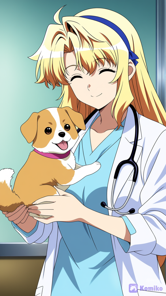 [bright-anime-style]Satellizer el Bridget, médica fofinha, trabalhando em um hospital veterinário, cuidando de um cachorro filhote fofinho