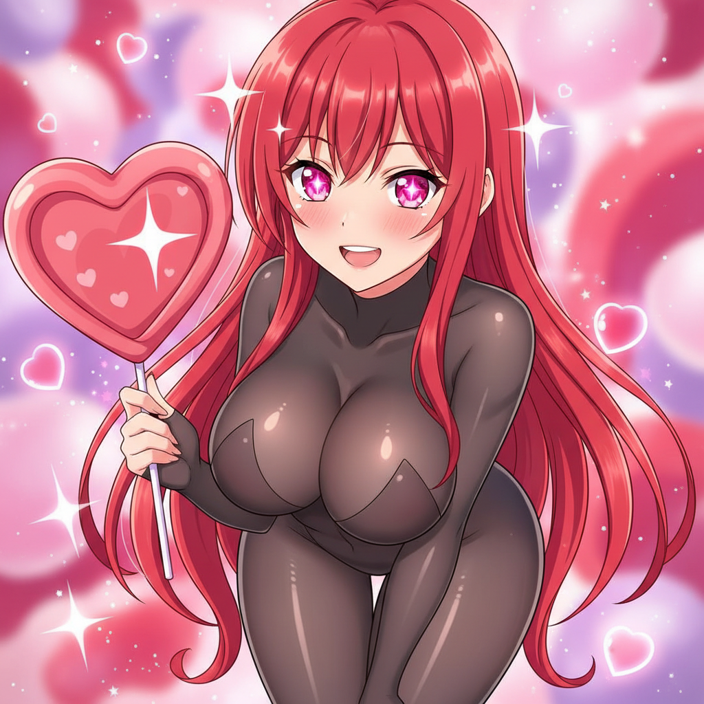garota voluptuosa com seios grandes e bem definidos, vestindo meias-calças sedutoras que cobrem o corpo das pernas até o pescoço olhando para a câmera com corações rosados brilhando nos olhos, transmitindo um ar de paixão e encanto em uma cena animada e provocante.
