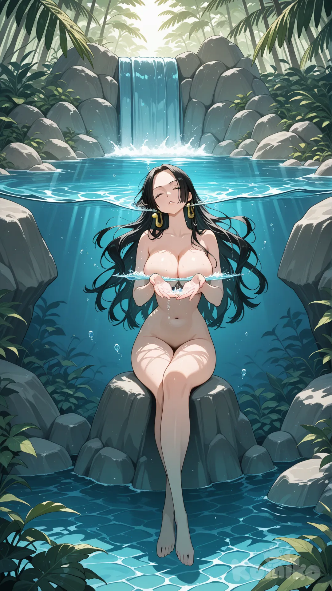 Boa Hancock from One Piece, fully nude submerged in crystal clear turquoise waterfall pool water up to her neck in a lush tropical jungle gorge, lying down inside water, breasts under water, cleavage above the water, belly under water, hands above the water, legs above the water, hand washing crotch under water, hand washing her under breasts under water, crossed legs closing eyes enjoying the water fall, head on a rock under the waterfall, @Boa_Hancock