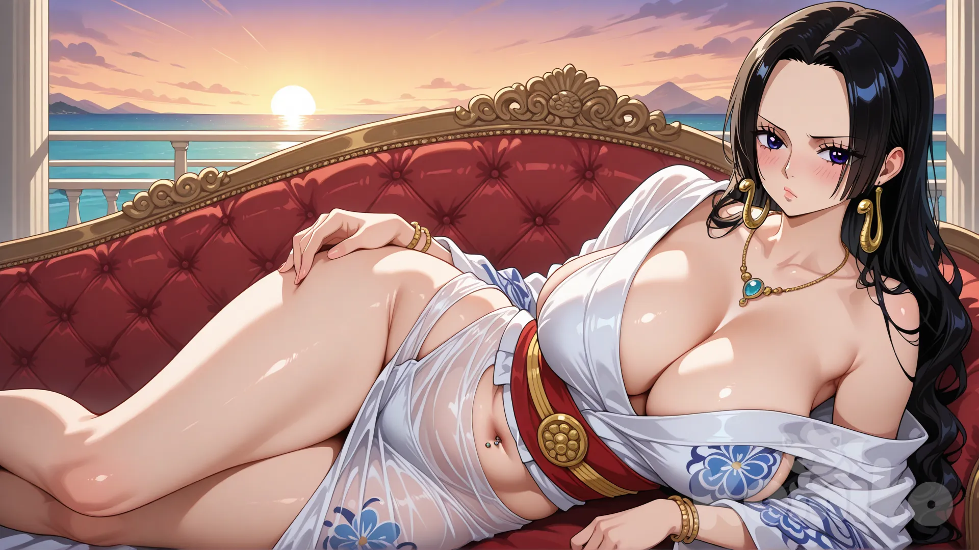 Boa Hancock from One Piece, stunningly sexy in a sheer semi-transparent white silk kimono loosely draped off one shoulder exposing elegant collarbone, deep sideboob cleavage, and toned midriff with navel piercing glinting, long raven hair cascading in luxurious waves down her back framing porcelain skin and piercing violet eyes gazing seductively at viewer, plump lips in sultry pout, lying elegantly on her side on velvet chaise lounge in opulent Amazon Lily palace balcony overlooking turquoise ocean at sunset, one arm propped under her head accentuating voluptuous curves, other hand resting on curvaceous hip with fabric clinging teasingly to thigh and hint of hip bone, intricate gold jewelry on neck and wrists, subtle blush on cheeks, highly anime style with hyper-realistic silk fabric translucency and skin sheen, golden hour lighting casting warm glow and long shadows enhancing sensuality, vibrant tropical breeze rustling hair and fabric, frontal three-quarter view capturing alluring poise, high resolution, 8k, by Eiichiro Oda and Yoshitaka Amano., @Boa_Hancock
