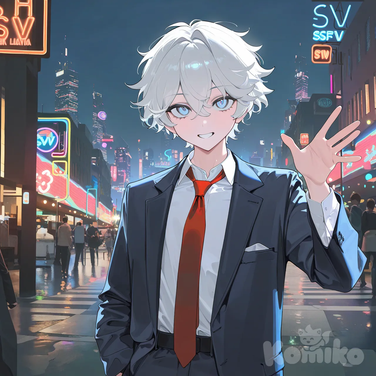confident, young man, white hair, light blue eyes, unbuttoned black suit, red tie, waist up, dark city, colorful lights, night scene, urban background, 1boy, waving, head tilt, skyscrapers, neon lights, cityscape, nightlife atmosphere, [vibrant-anime-style]