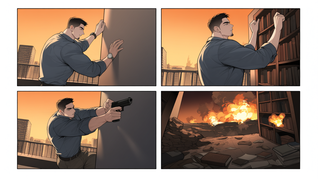<2x2-grid>, @bori-the-only-one-MEHJ, 1 image scaling a wall, 1 image swing over a wall, 1 image aiming and firing, 1 image bombed out library, sunset war city background, [muscular-manhwa-style]