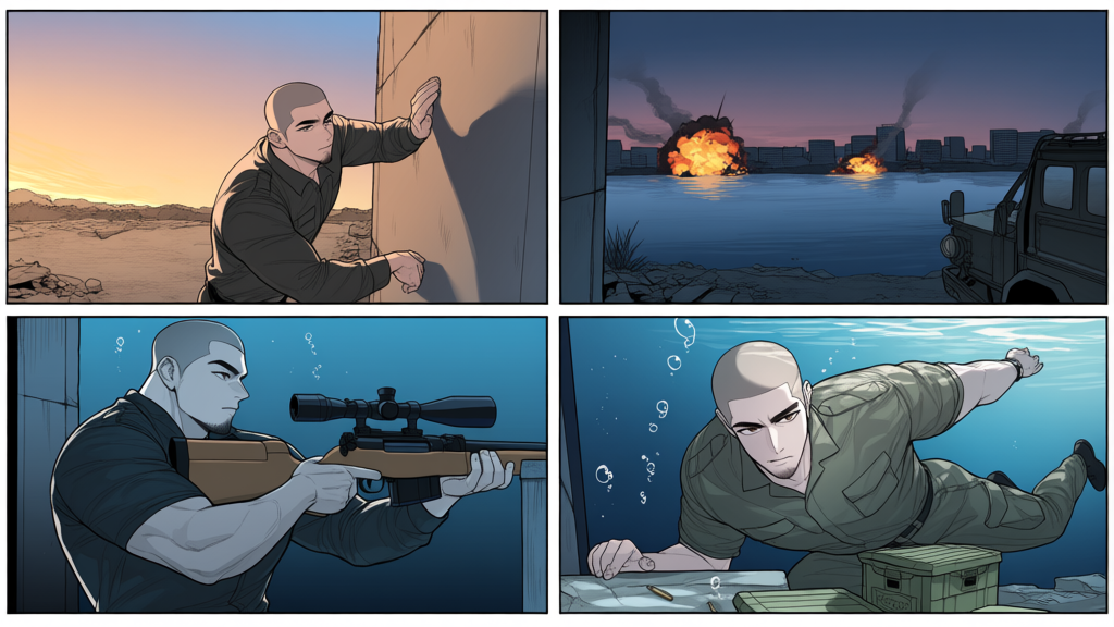 <2x2-grid>, @bori-the-only-one-MEHJ, 1 image climing a building wall, 1 image swimming under a lake, 1 image aiming with a sniper rifle, 1 image loading a cargo army truck, scenery sunset war city background, [muscular-manhwa-style]