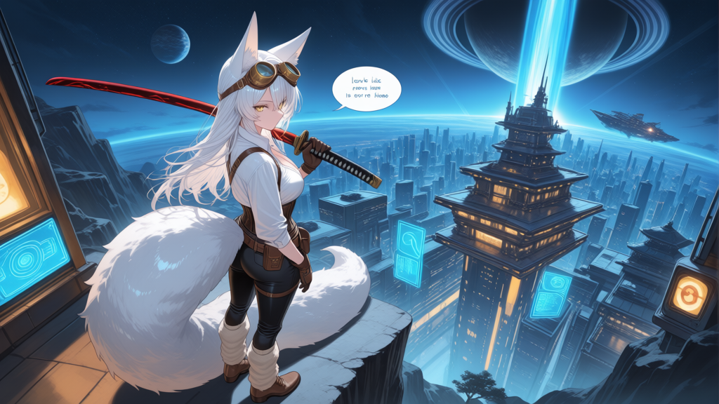 @catnolia-9kbF, she got transported to a futuristic world in a random planet, extra wide image, with details of the new planet very unique and high tech while, Catnolia can be seen carrying her sword on her right shoulder saying looks like i am not home, from above, ultra-wide shot, bird's-eye view, [soft-luminous-anime-style]same image now she is looking at the high tech city