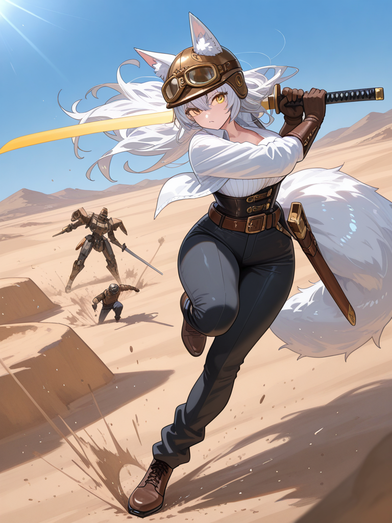 [soft-luminous-anime-style], @satochi-chaos-1mQj, in combat training with @catnolia-9kbF, at a desert sunny day, you can see the hit raising as both with there swords at hand clashing, wide angle shot to see the full battle and movement of there fight