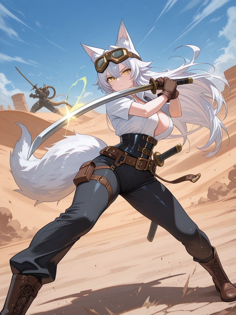 [soft-luminous-anime-style], @satochi-chaos-1mQj, in combat training with @catnolia-9kbF, at a desert sunny day, you can see the hit raising as both with there swords at hand clashing, wide angle shot to see the full battle and movement of there fight
