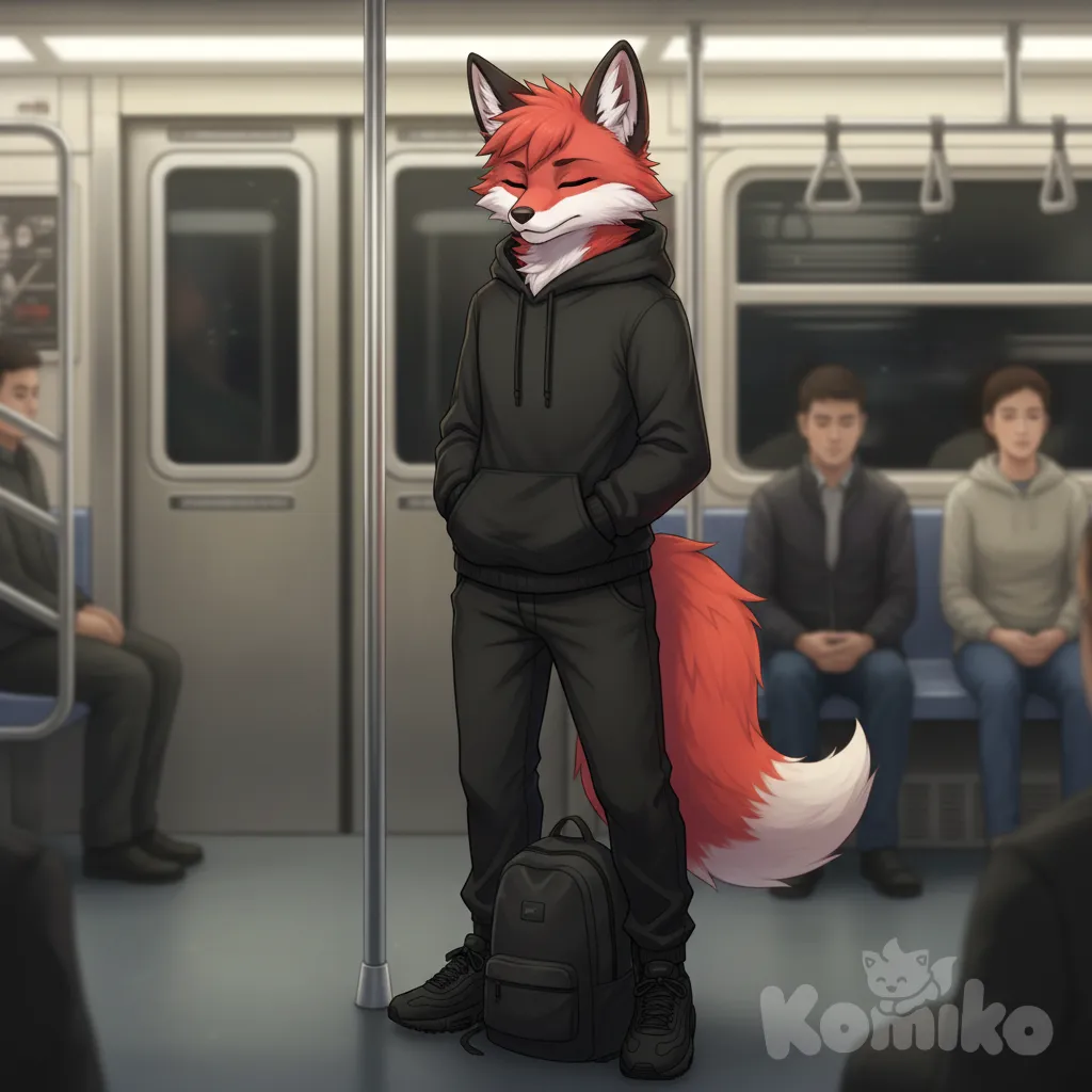 Furry, Red fox, Black hoodie, Black Jordans, Black beauties, Black backpack underfoot, He's riding the subway, Sleeps standing up,Background is blurred.